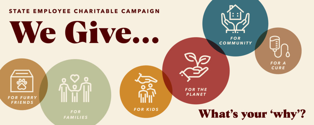 State Employee Charitable Campaign We Give... for furry friends; for family; for kids; for the planet; for community; for a cure; What's you "why"?